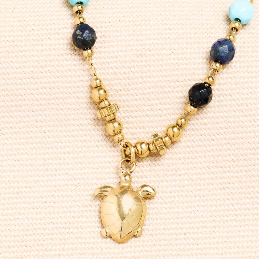 Beaded Blue Gold Turtle Necklace