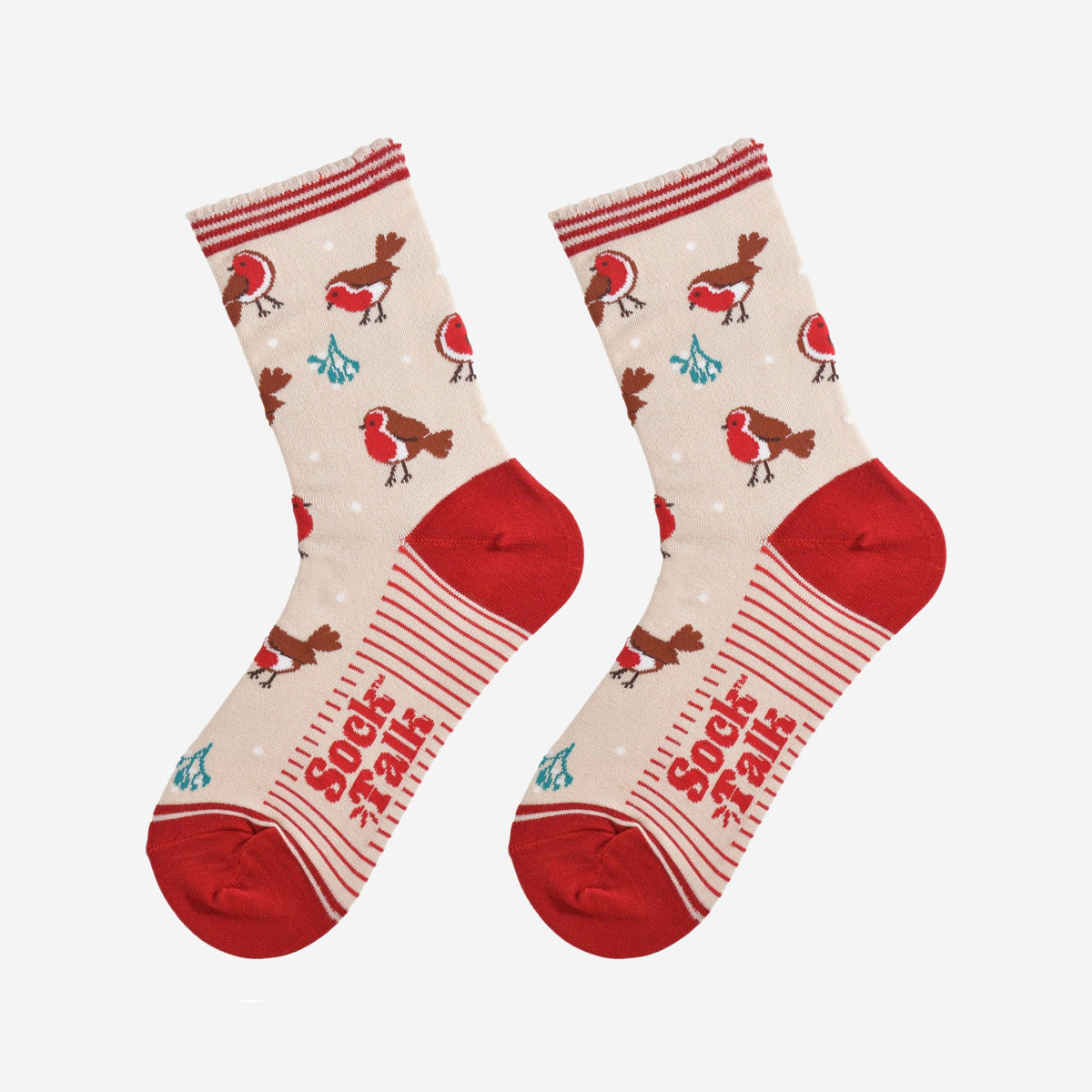 Women's Bamboo Socks - Cream/Red, Christmas Robin: UK 3-7 | EU 36-40 | US 5-9
