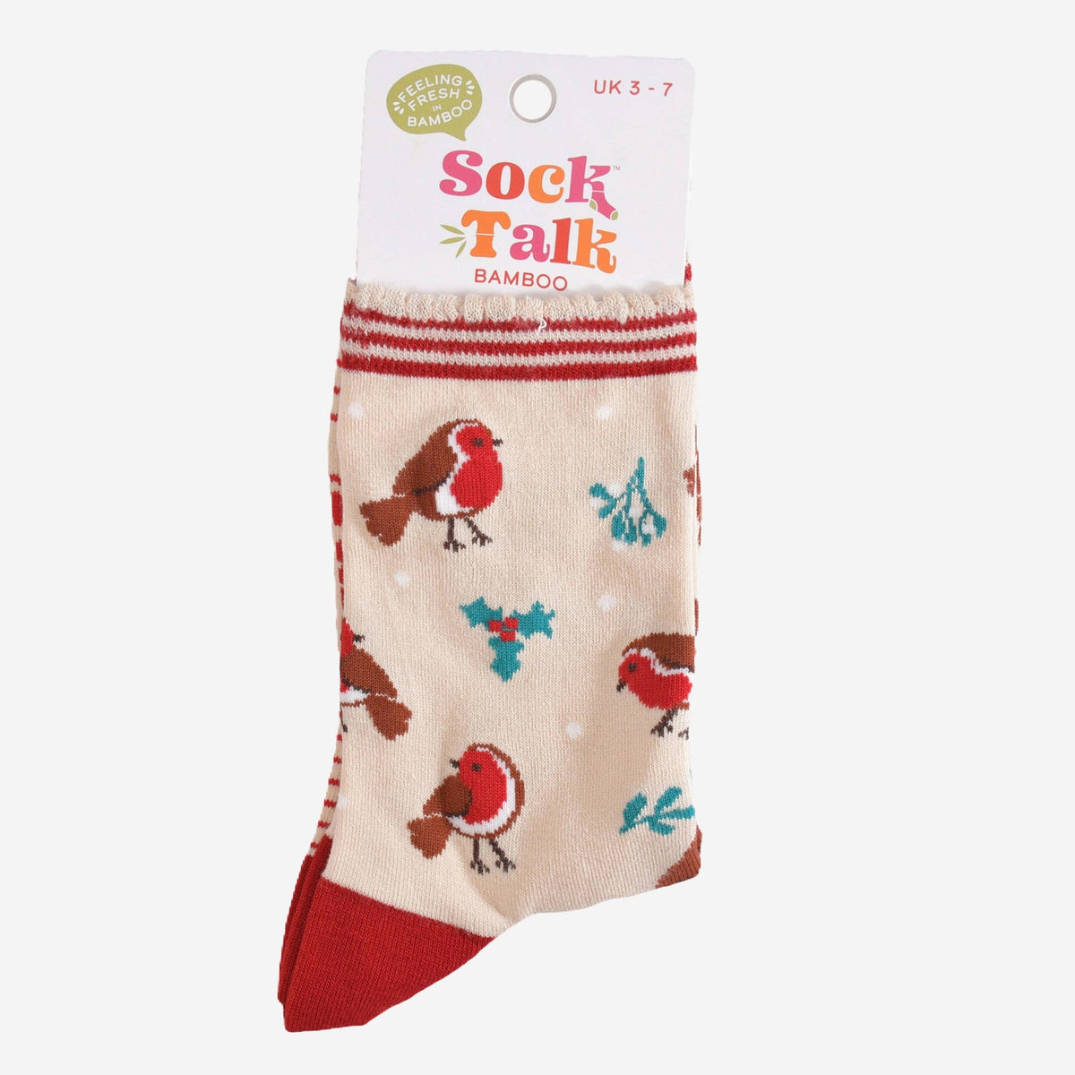 Women's Bamboo Socks - Cream/Red, Christmas Robin: UK 3-7 | EU 36-40 | US 5-9