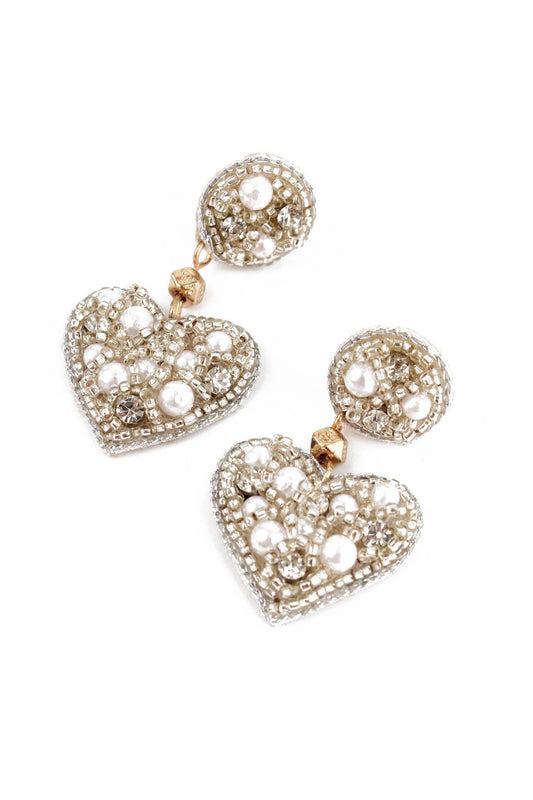 SILVER AND PEARL SMALL HEART DROP EARRINGS