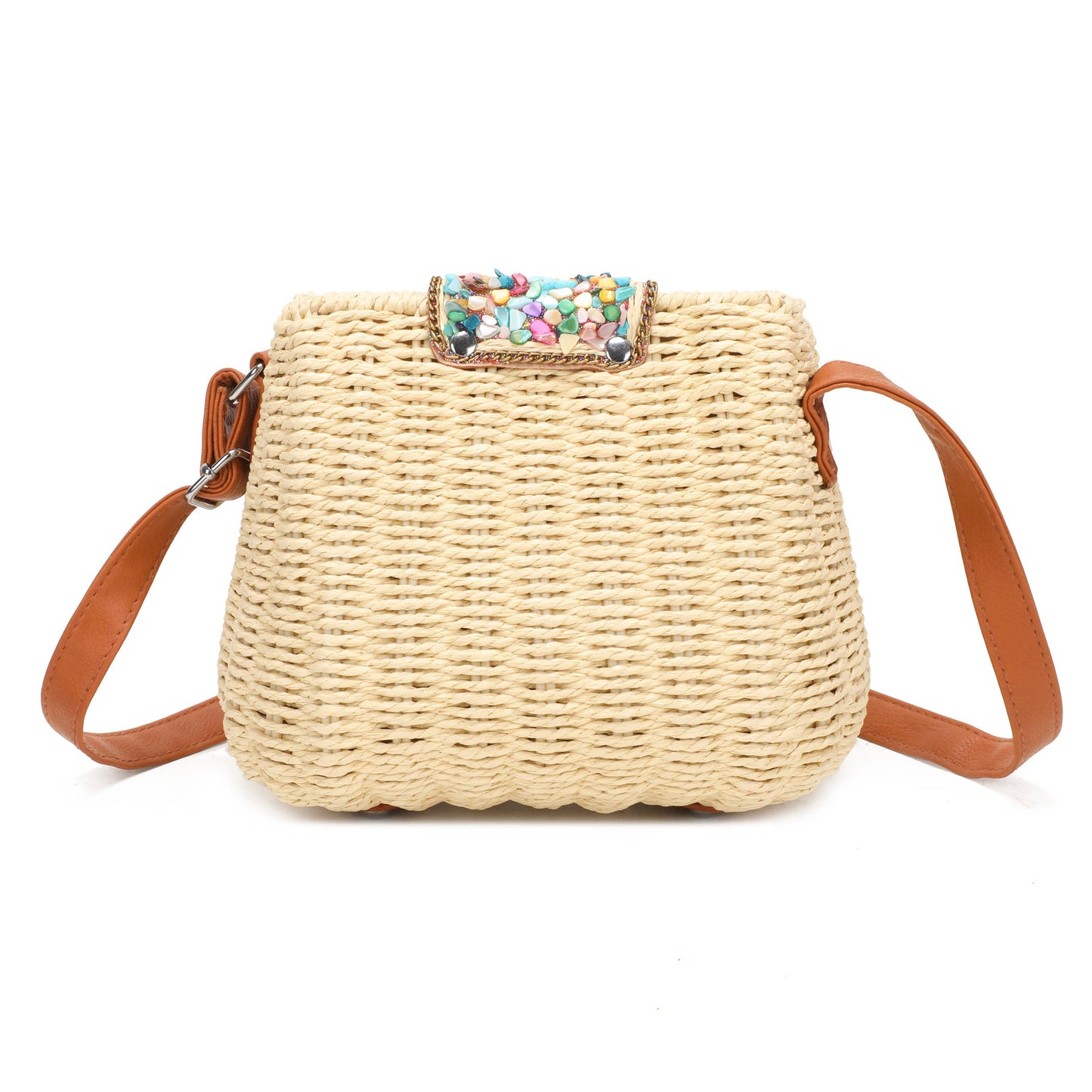 J6519 Straw Crossbody Bag with gems: Lilac
