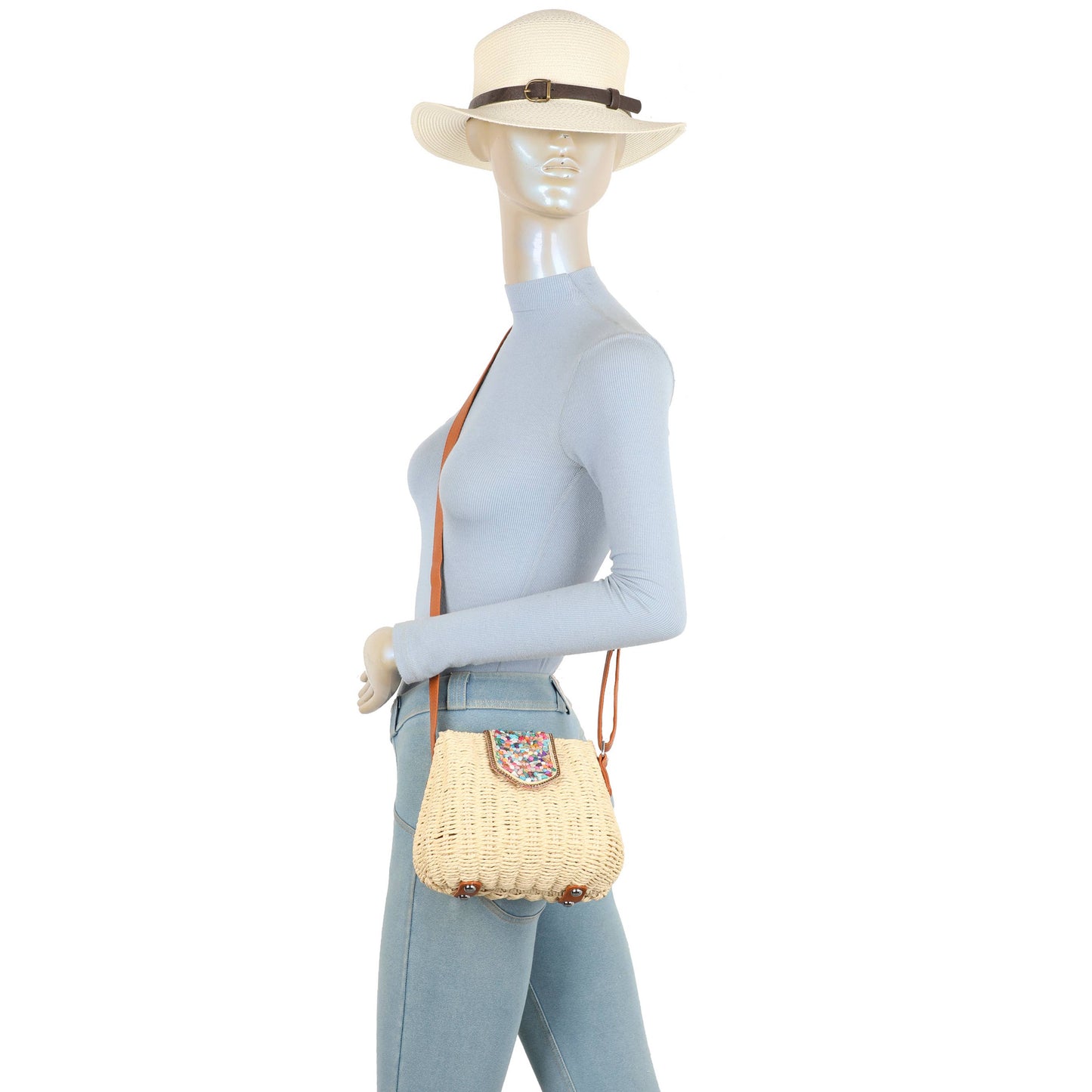 J6519 Straw Crossbody Bag with gems: Lilac