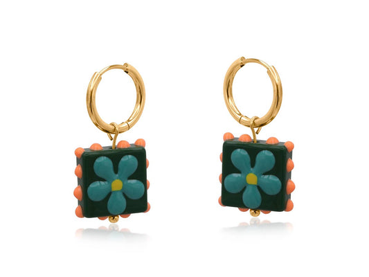 SANTA FE SQUARE FLORAL CHARM  EARRINGS: GREEN SQUARE