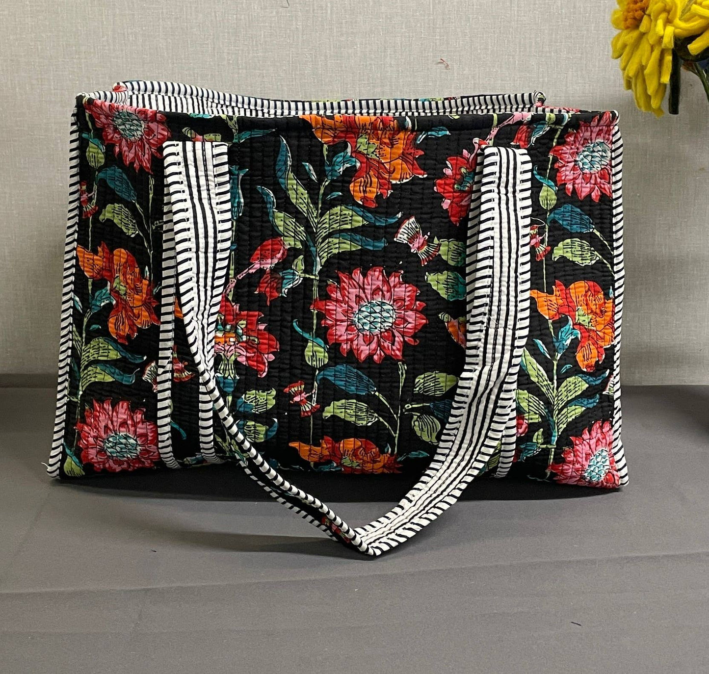 100% Cotton Kantha Quilted Boho Reversible  Floral Tote Bag