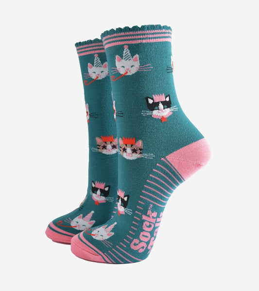 Party Cats Bamboo Socks in Green: UK 3-7 | EU 36-40 | US 5-9