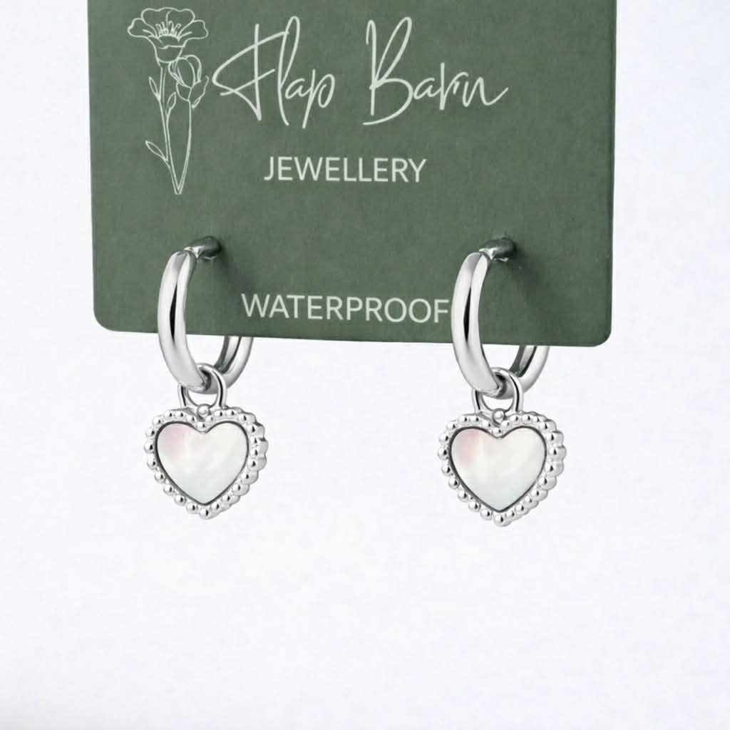 Tarnish Resistant Pearlescent Heart Huggies: Silver
