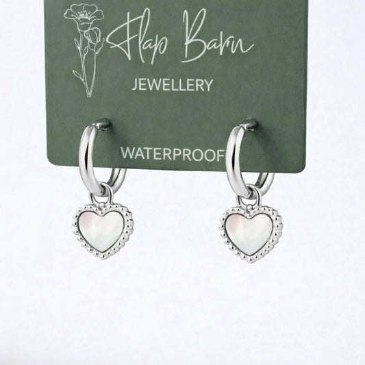 Tarnish Resistant Pearlescent Heart Huggies: Silver