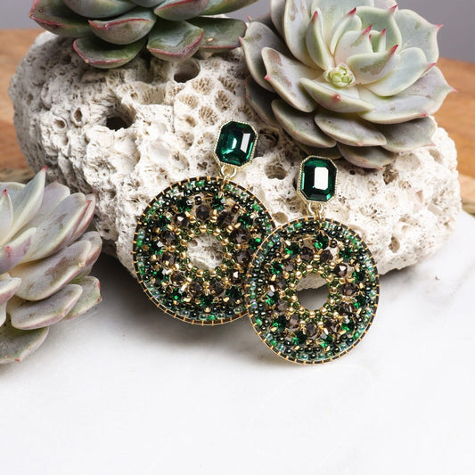Beaded Glass Drop Circular Green Earrings - 211708