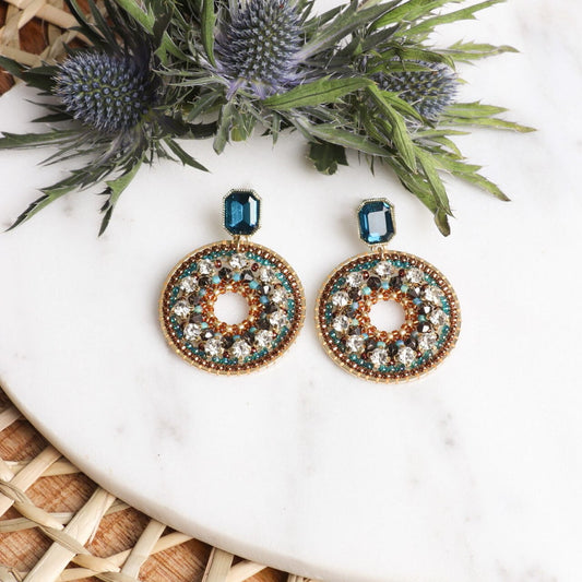 Beaded Glass Drop Circular Blue Earrings - 2111714