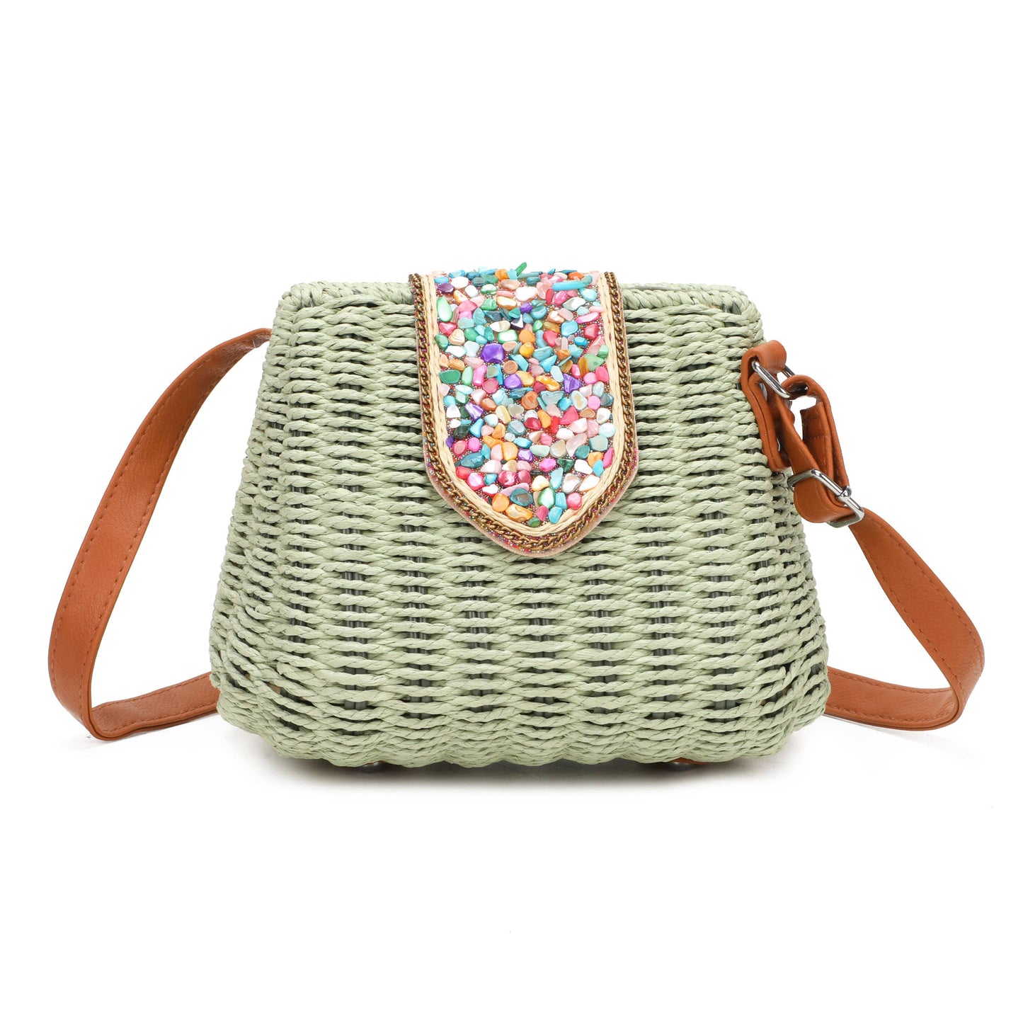 J6519 Straw Crossbody Bag with gems: Beige