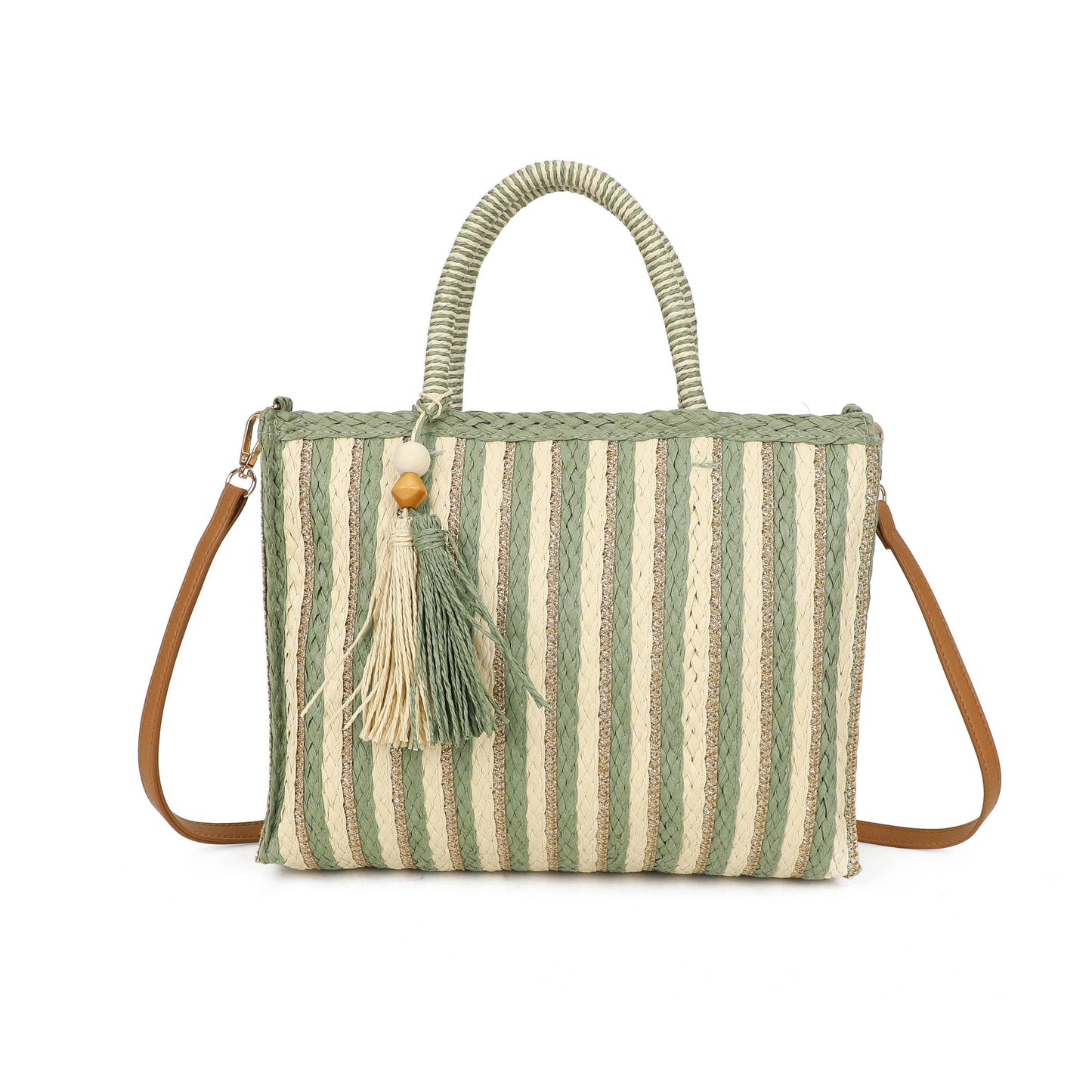 F9076 Woven Tote Bag Striped Tassel Summer Crossbody Bag: Blue