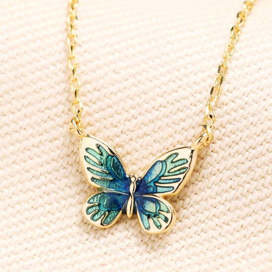 Blue and Green Butterfly Charm Necklace In Gold