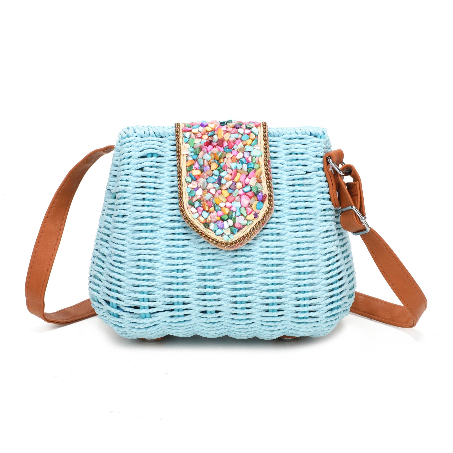 J6519 Straw Crossbody Bag with gems: Beige