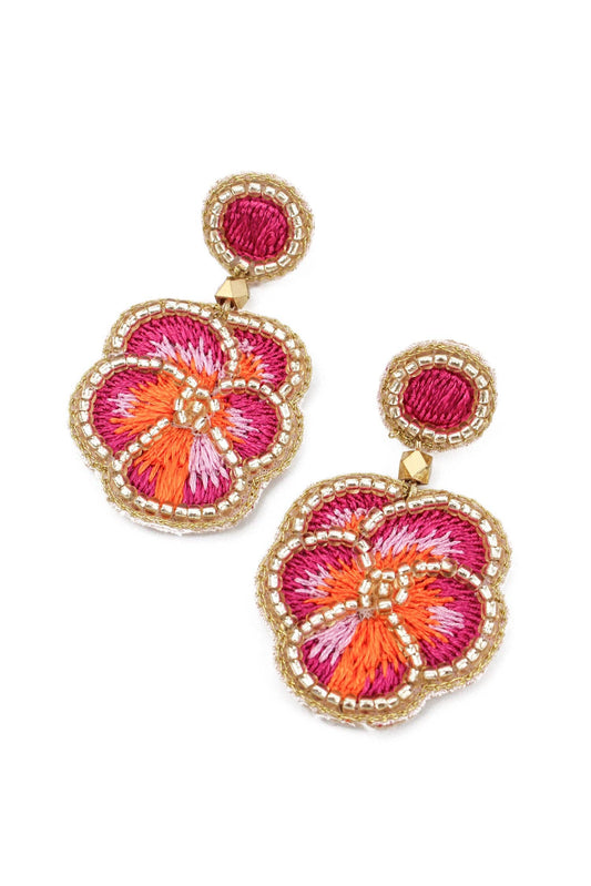 PINK PANSY BEADED EARRINGS