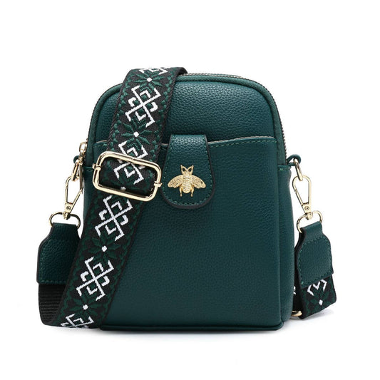 Cross Body Handbag with double zip top sections: Dark Green