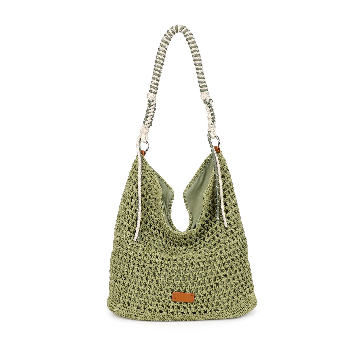 F9087 Crochet Hobo Bag with Rope Handle Detail: Beige