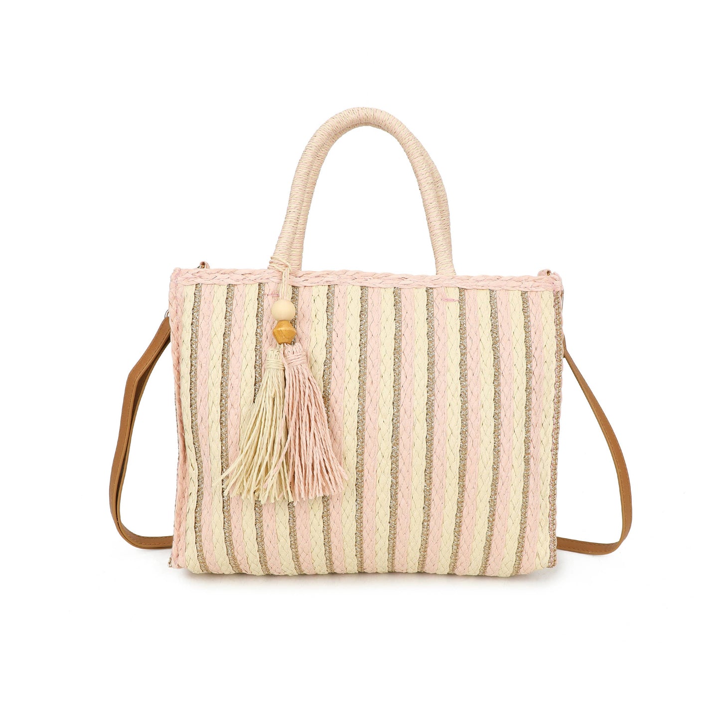 F9076 Woven Tote Bag Striped Tassel Summer Crossbody Bag: Blue