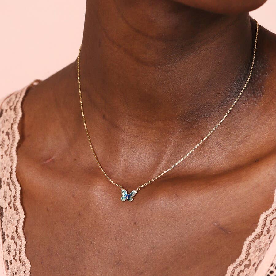 Blue and Green Butterfly Charm Necklace In Gold