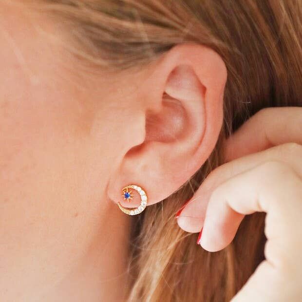 Clear and Blue Crystal Moon Stud Earrings