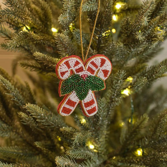 Candy Cane & Holly Beaded Tree Hanger