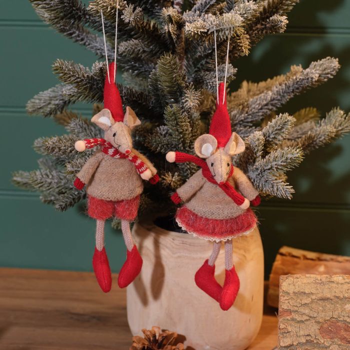 CHRISTMAS MOUSE TEXTILE BOY AND GIRL RED AND NEUTRAL HANGER 4CH601