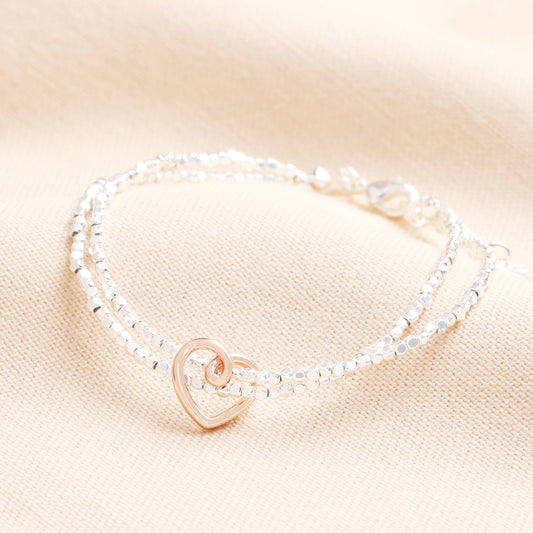 Sale - Scribble Heart Charm Layered Beaded Bracelet in Rose Gold