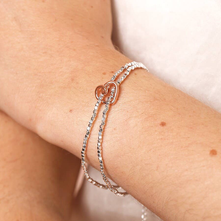 Sale - Scribble Heart Charm Layered Beaded Bracelet in Rose Gold