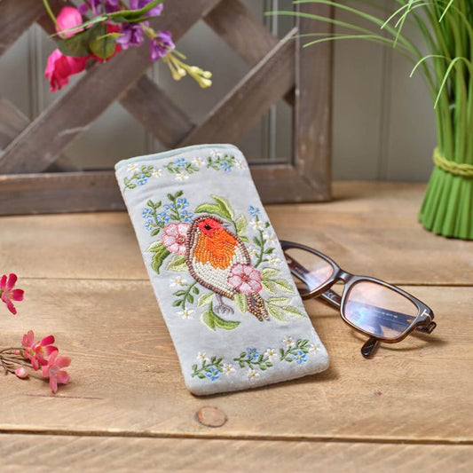 GARDEN BIRDS FLOWER EMBROIDERY AND GLASS BEADED ROBIN GLASSES CASE