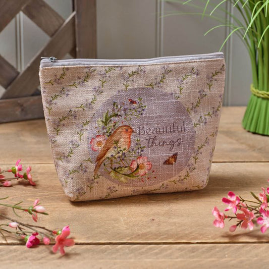 GARDEN BIRDS FLORAL ROBIN BEAUTIFUL THINGS LINEN/POLY BLEND ZIP POUCH