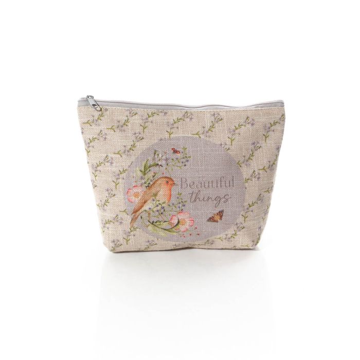 GARDEN BIRDS FLORAL ROBIN BEAUTIFUL THINGS LINEN/POLY BLEND ZIP POUCH