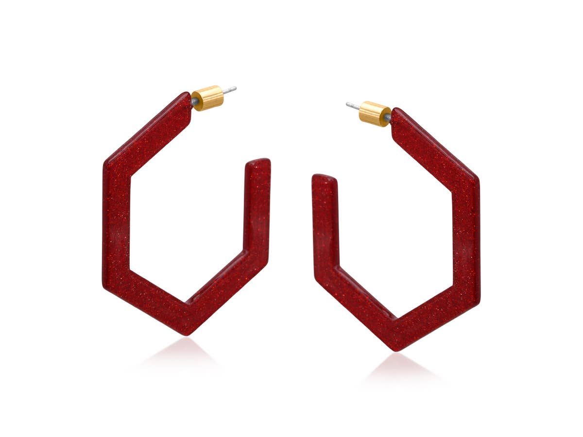 Paulina Resin Hexagon Statement Hoop Earrings: Red