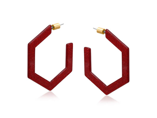 Paulina Resin Hexagon Statement Hoop Earrings: Red