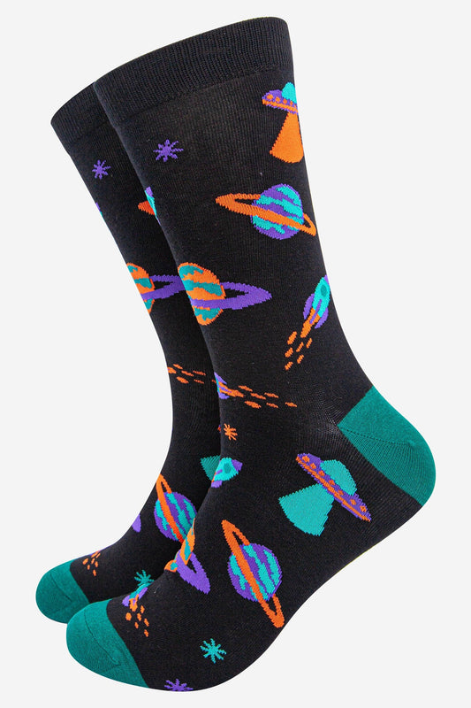 Men's Bamboo Socks - Black , Space Invasion: UK 7-11 | EU 40.5-46 | US 8-12