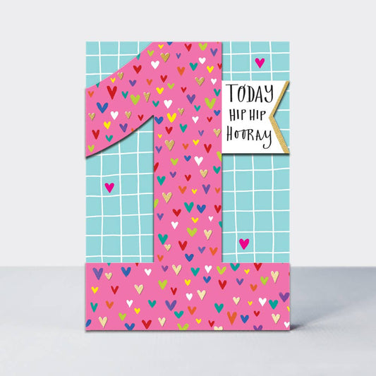 Ditto - Age 1 Girl - Hip Hip Hooray/Hearts Birthday Card