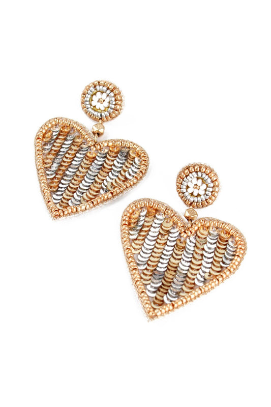 SILVER & GOLD STRIPE BEADED HEART EARRINGS