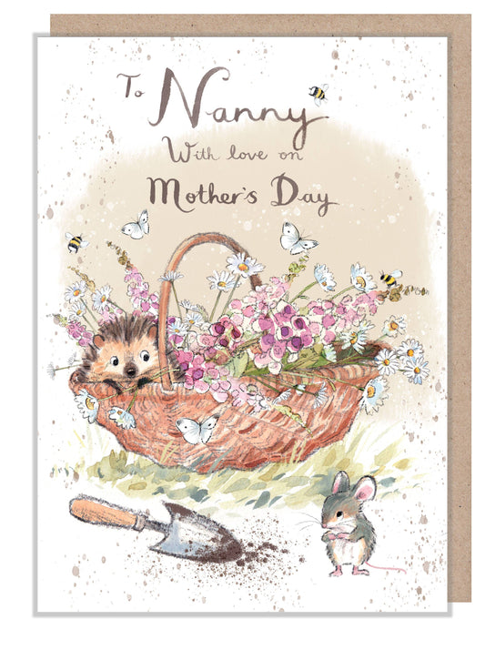 NANNY Mothers Day card - Hedgehog in flower basket- MMMD02