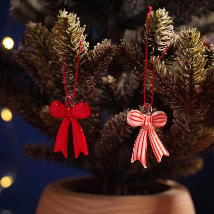 Christmas Hand Blown GLASS Red And White Bow Hangers