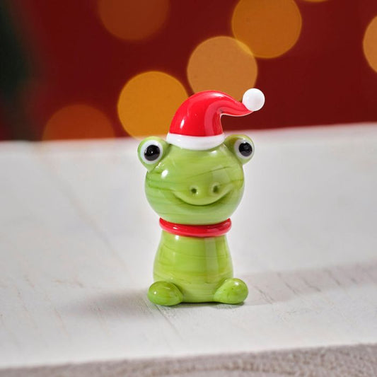 CHRISTMAS HAND BLOWN GLASS FROG WITH SANTA HAT ORNAMENT