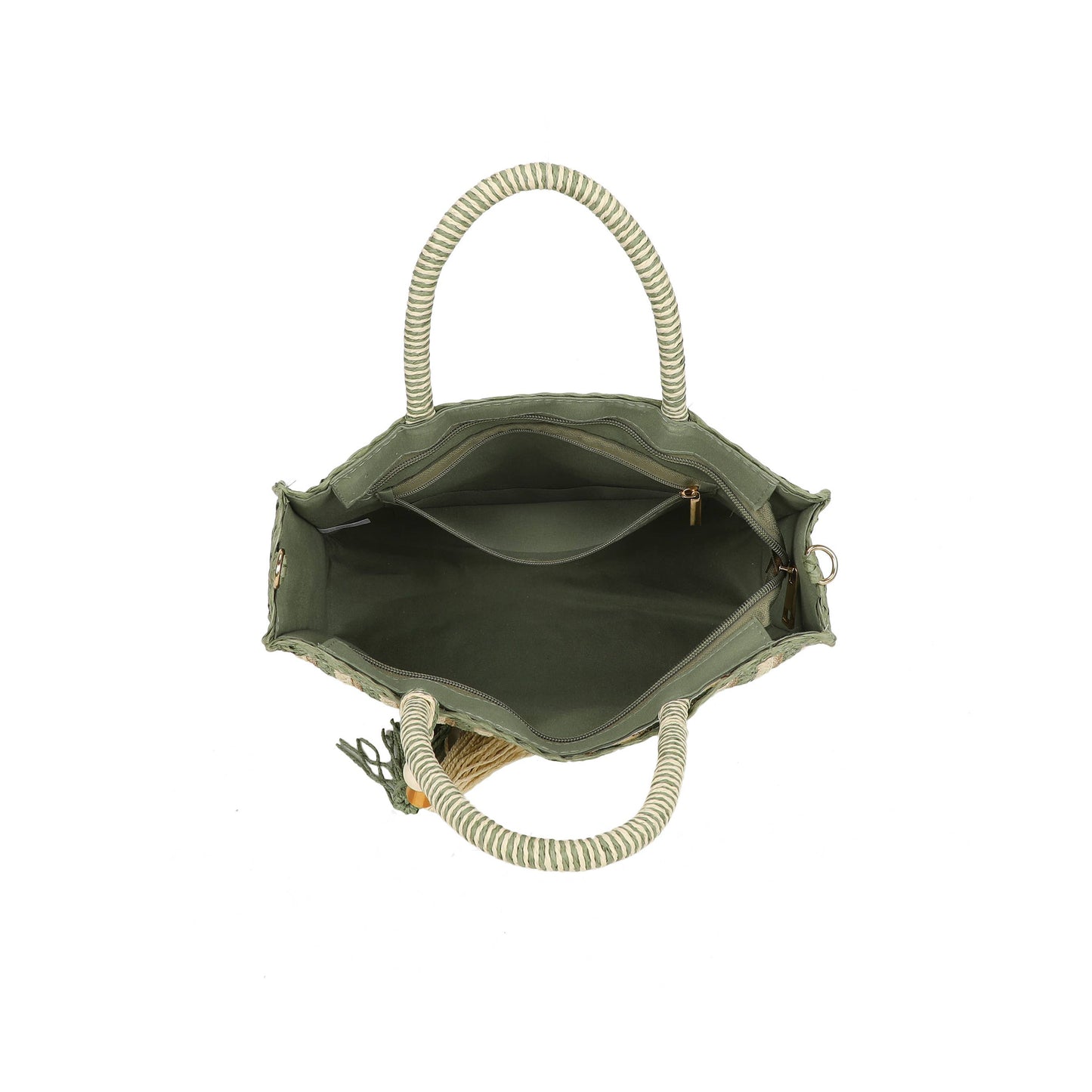 F9076 Woven Tote Bag Striped Tassel Summer Crossbody Bag: Green