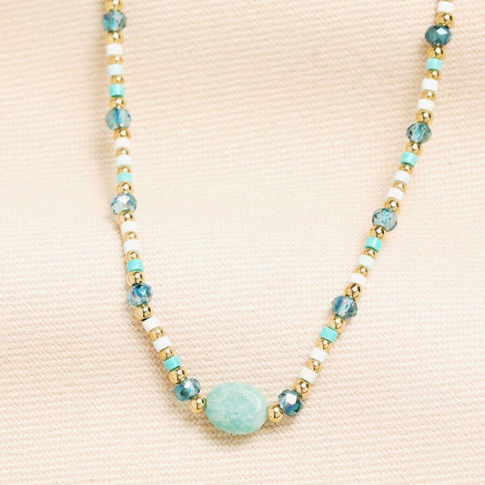 Beaded Blue Semi-Precious Oval Charm Necklace