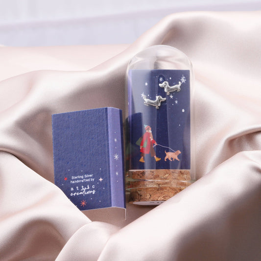 XT014 Dog walker Silver Sausage Dog Earrings