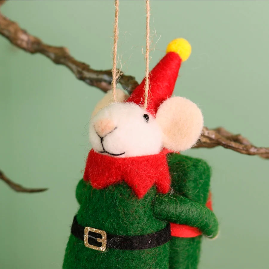 Festive Hanging Cheesus Elf Felt Mouse