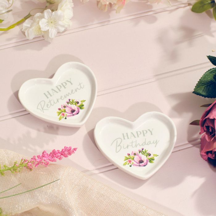 FLORAL CELEBRATIONS HEART SHAPED STONEWARE TRINKET RETIREMENT or BIRTHDAY
