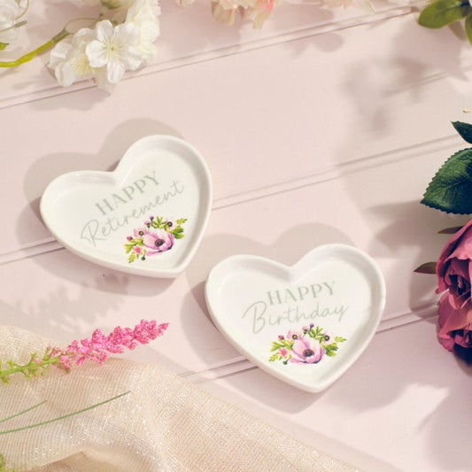 FLORAL CELEBRATIONS HEART SHAPED STONEWARE TRINKET RETIREMENT or BIRTHDAY