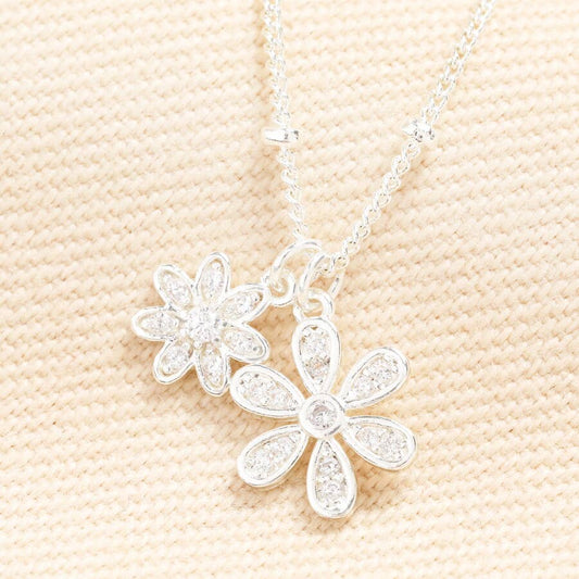 Double Flower Charm Necklace in Silver