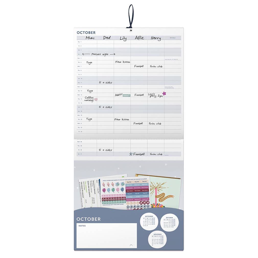 2026 Large Family Wall Calendar, 5 Columns & Storage Pockets