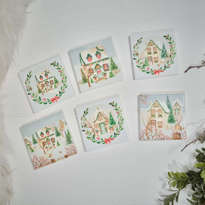 Holly Cottage Scene Ceramic Coaster