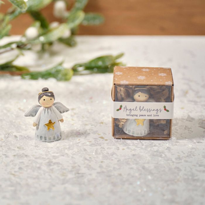 CHRISTMAS TINY WORLD RESIN ANGEL KEEPSAKE ORNAMENT WITH GIFT BOX