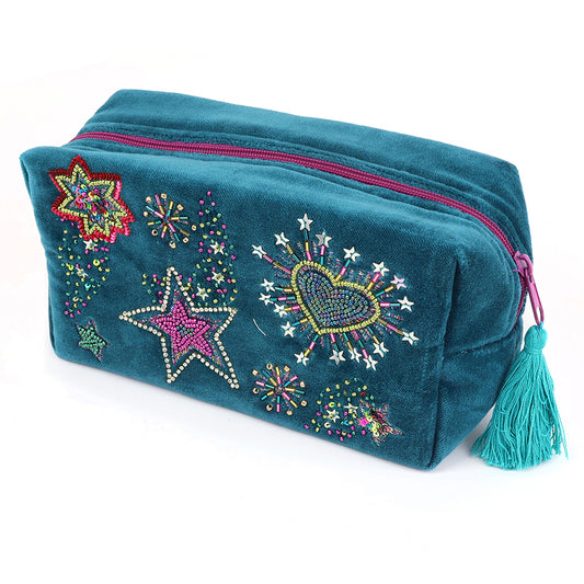 Starburst teal velvet purple mix embellished night sky wash bag