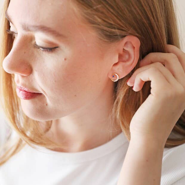 Clear and Blue Crystal Moon Stud Earrings